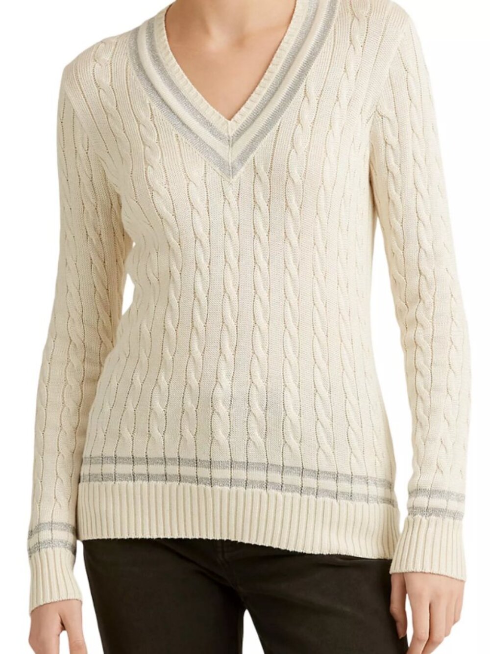 Lauren Ralph Lauren Metallic Striped Cricket Sweater V-neck Pullover Long Sleeve